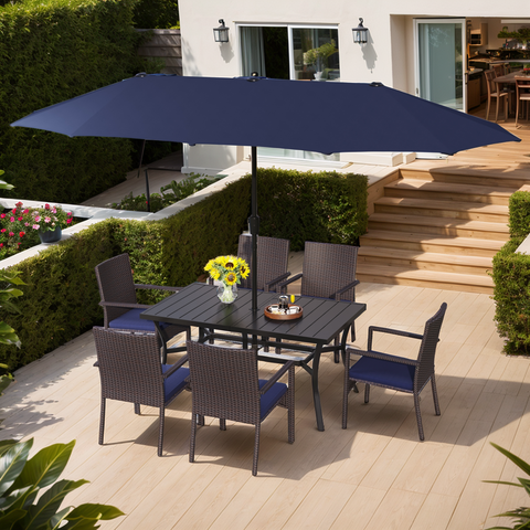 8-Piece 13ft Umbrella Patio Dining Set Rattan Chairs & Steel Panel Table