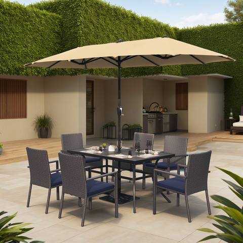 8-Piece 13ft Umbrella Patio Dining Set Rattan Chairs & Steel Panel Table