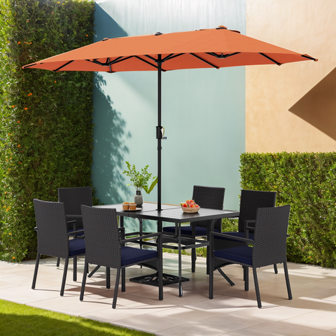 8-Piece 13ft Umbrella Patio Dining Set Rattan Chairs & Steel Panel Table