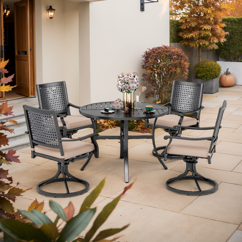 5-Piece Outdoor Dining Set Geometrically Stamped Round Table & Bull's Eye Pattern Dining Chairs