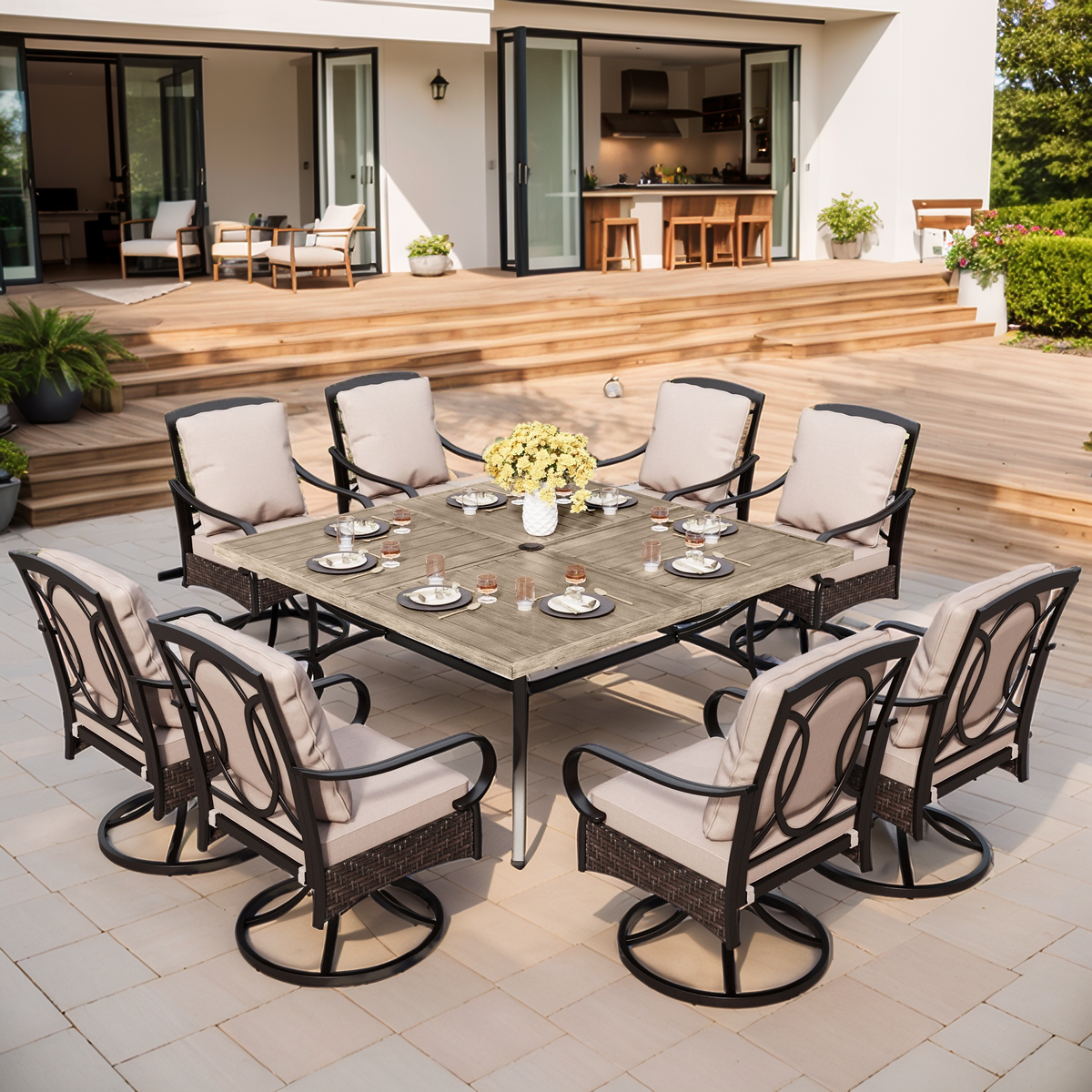 9-Piece Large Wood-grain Square Table & Rattan-Steel Cushioned Chairs
