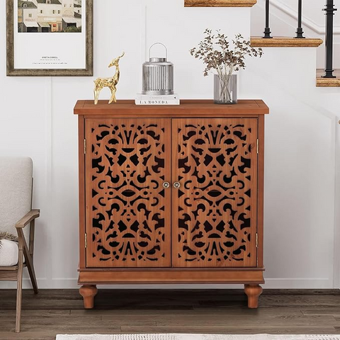 Vintage & Chic Hollow-Carved Accent Cabinet