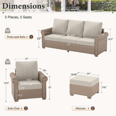 Luxury 5 Seats Wicker Patio Conversation Sofa Set with Wider Armrests