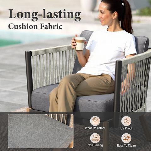 5 Seats Rope Weaving Patio Conversation Sofa Set with Coffee Table, End Table & Ottoman