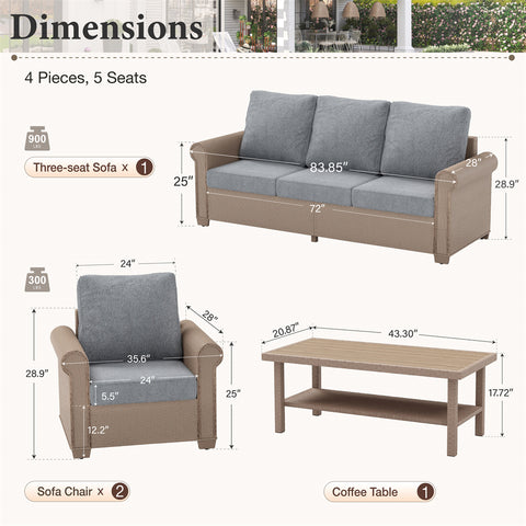 Luxury 5 Seats Wicker Patio Conversation Sofa Set with Wider Armrests