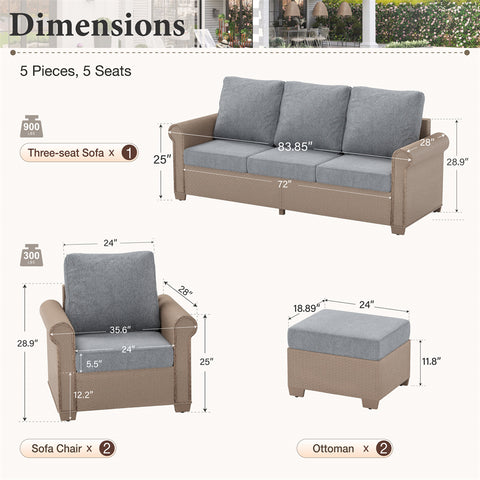 Luxury 5 Seats Wicker Patio Conversation Sofa Set with Wider Armrests