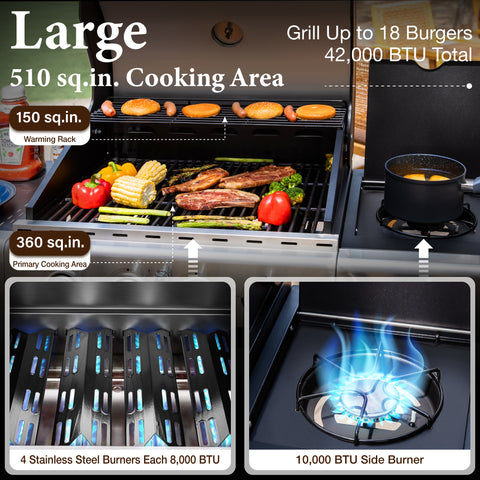 4-Burner Propane BBQ Grill with Side Burner for Outdoor Cooking