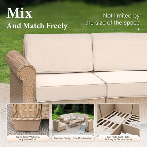 Outdoor Rattan Loveseat Sofa Set with T-Shaped Sponge Cushion