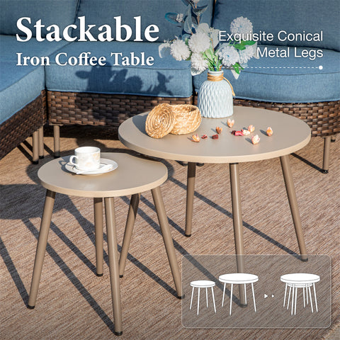 Outdoor Round Curved Wicker Conversation Sofa Set with Navy Cushions and 2 Coffee Tables