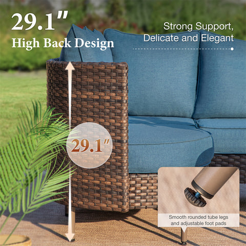 Outdoor Round Curved Wicker Conversation Sofa Set with Navy Cushions and 2 Coffee Tables