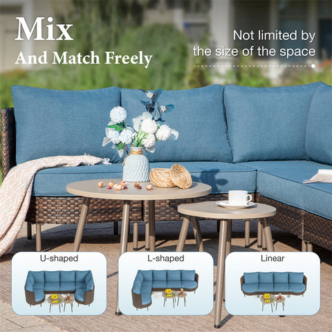 Outdoor Round Curved Wicker Conversation Sofa Set with Navy Cushions and 2 Coffee Tables