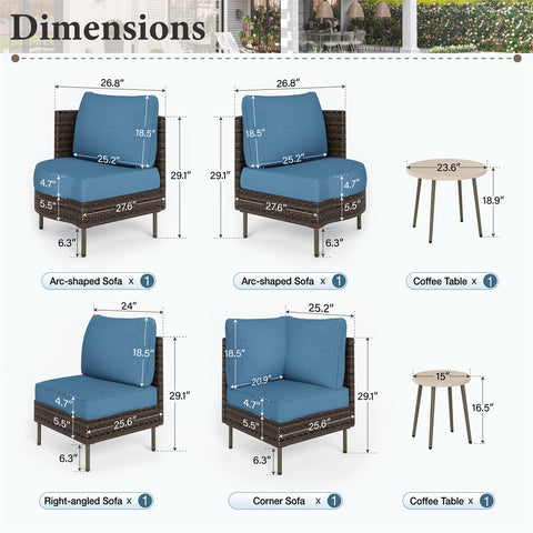 Outdoor Round Curved Wicker Conversation Sofa Set with Navy Cushions and 2 Coffee Tables