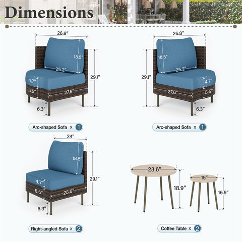 Outdoor Round Curved Wicker Conversation Sofa Set with Navy Cushions and 2 Coffee Tables