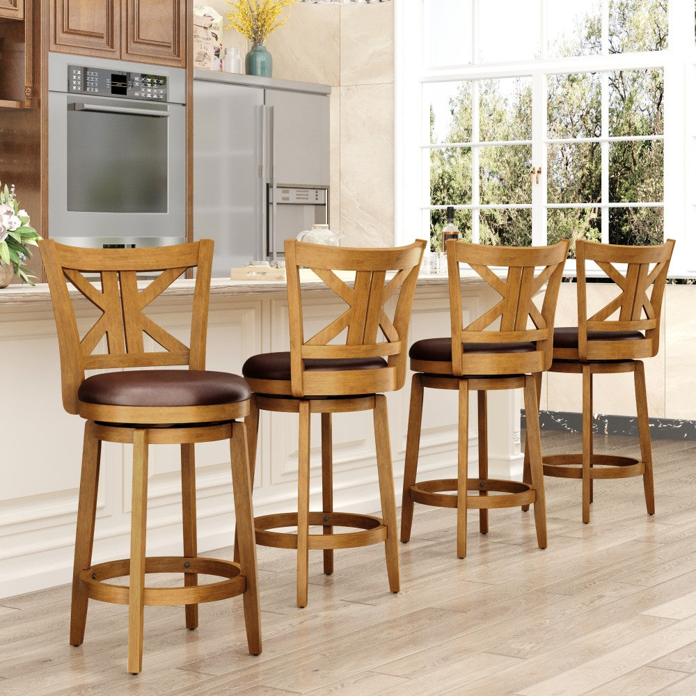 PHI VILLA 360° Swivel Farmhouse Wood Bar Stools with Patented K-Shaped Back