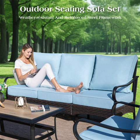 5-Seat Thick Cushion Steel-Rattan Patio Conversation Sofa Set with Coffee Table