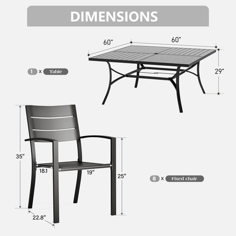 9-Piece Patio Dining Set Extra-large Square Table & Stackable Steel Fixed Chairs
