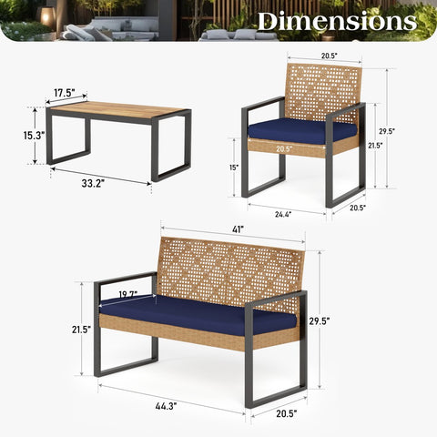 4-Piece Contemporary Rattan-wood Patio Conversation Set