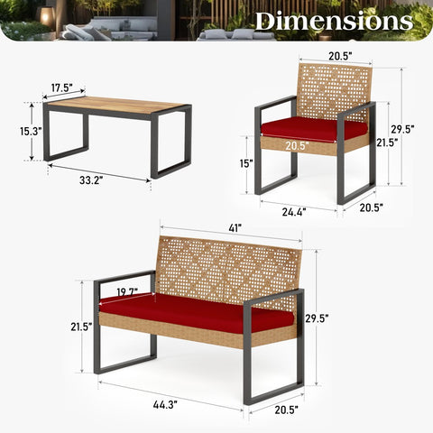 4-Piece Contemporary Rattan-wood Patio Conversation Set