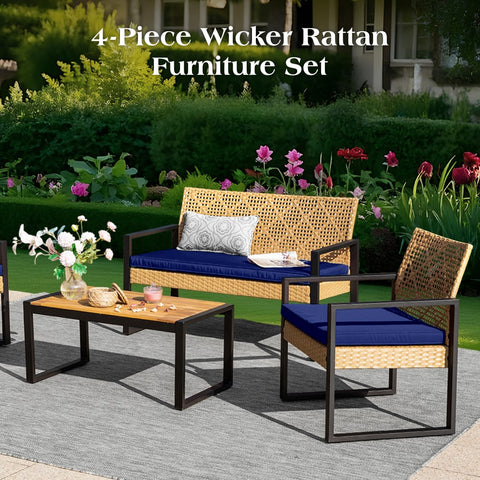 4-Piece Contemporary Rattan-wood Patio Conversation Set