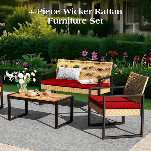 4-Piece Contemporary Rattan-wood Patio Conversation Set