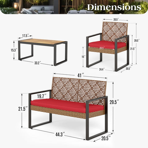 4-Piece Contemporary Rattan-wood Patio Conversation Set