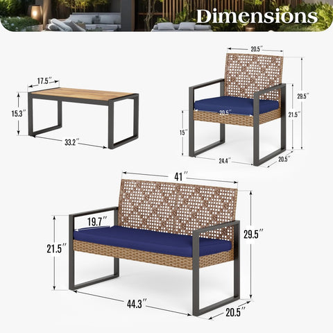 4-Piece Contemporary Rattan-wood Patio Conversation Set