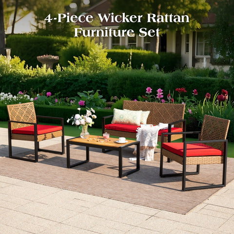 4-Piece Contemporary Rattan-wood Patio Conversation Set