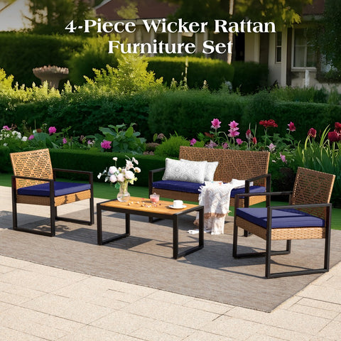4-Piece Contemporary Rattan-wood Patio Conversation Set