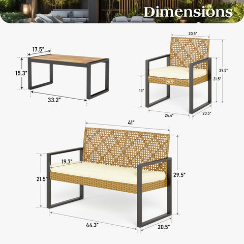 4-Piece Contemporary Rattan-wood Patio Conversation Set