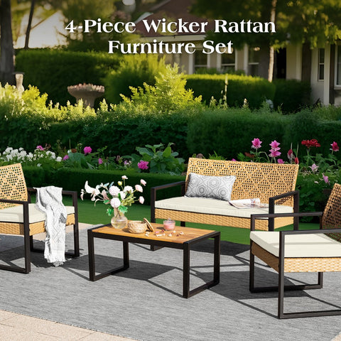 4-Piece Contemporary Rattan-wood Patio Conversation Set