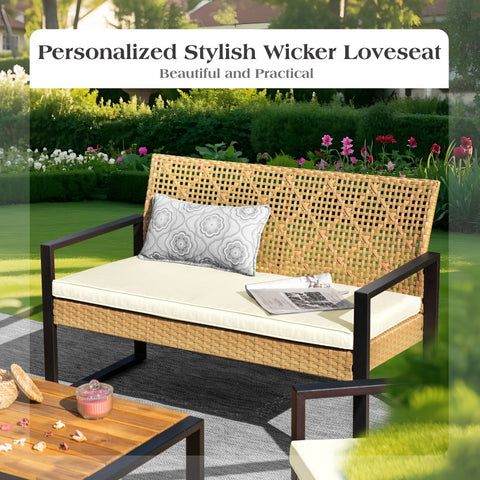 4-Piece Contemporary Rattan-wood Patio Conversation Set