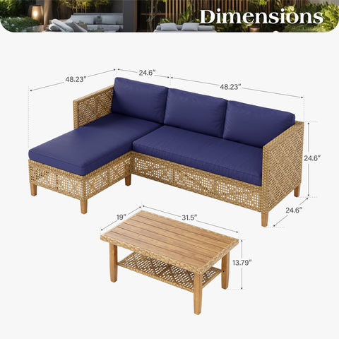 Boho Style Outdoor Wicker Conversation Sofa set with Acacia Wood Coffee Table