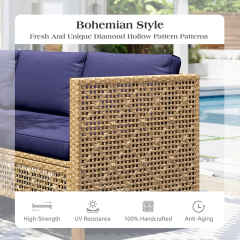 Boho Style Outdoor Wicker Conversation Sofa set with Acacia Wood Coffee Table
