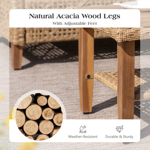 Boho Style Outdoor Wicker Conversation Sofa set with Acacia Wood Coffee Table
