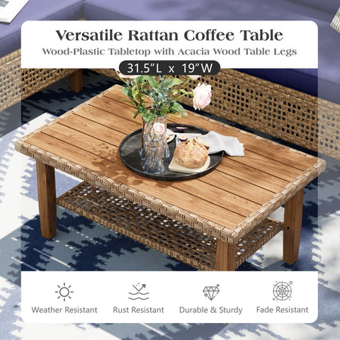 Boho Style Outdoor Wicker Conversation Sofa set with Acacia Wood Coffee Table