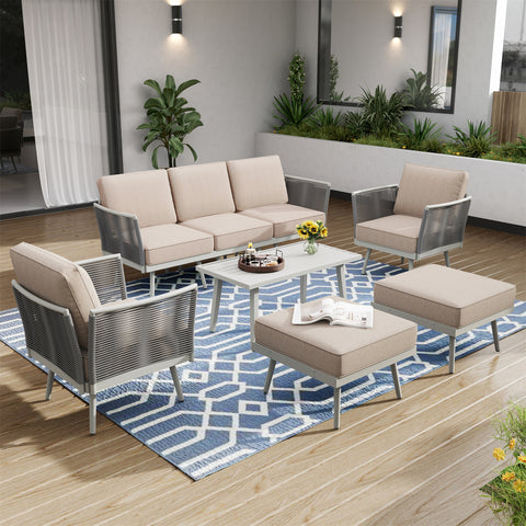 5 Seats Wicker Patio Conversation Sofa Set with Classic Rope Rattan Style