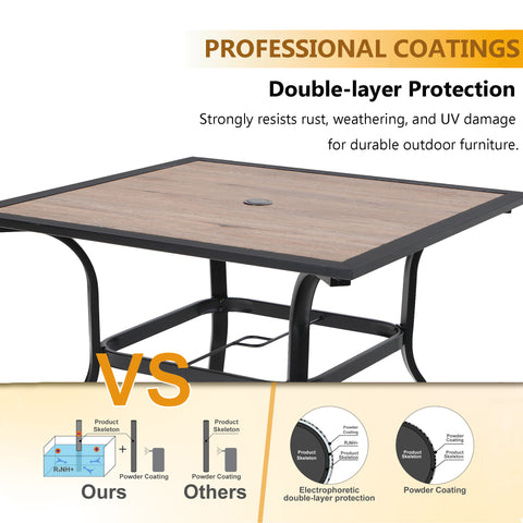 5-Piece Wood-look Table/Round Metal Table & Cushioned Rattan-steel Chairs Outdoor Dining Set