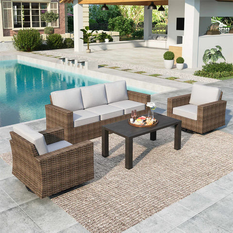 Luxury 5 Seats Wicker Patio Conversation Sofa Set with Swivel Chairs