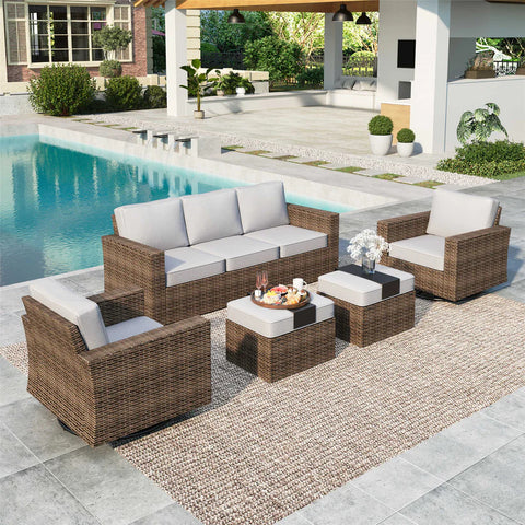 Luxury 5 Seats Wicker Patio Conversation Sofa Set with Swivel Chairs