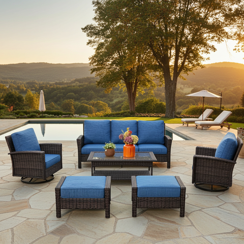 5 Seats Wicker Patio Conversation Sofa Set with Swivel Chairs