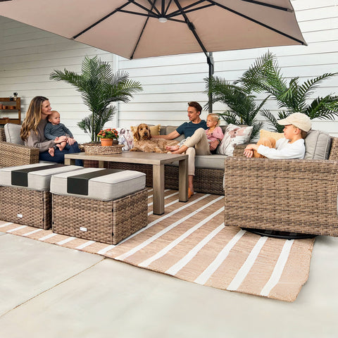 Luxury 5 Seats Wicker Patio Conversation Sofa Set with Swivel Chairs