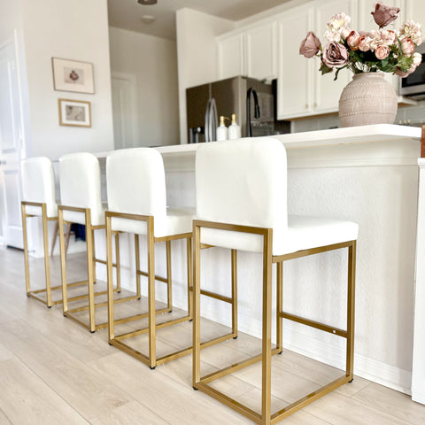 White PU Leather Bar Stools with Backrest – 24" Counter Height, Set of 4