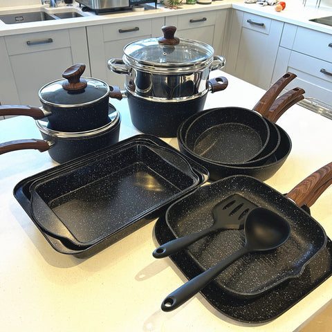 Induction Nonstick Granite-Coating 17 Piece Cookware Set,Kitchen Academy