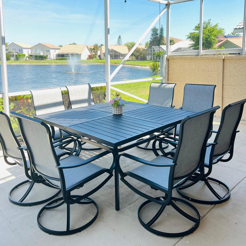 9-Piece Set Extra Large Square Table & Textilene Swivel Chairs