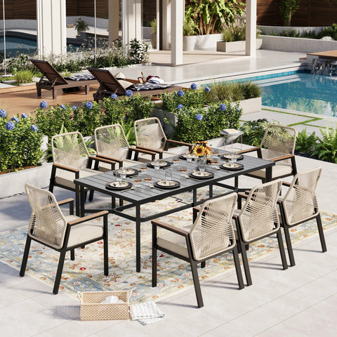 9-Piece Outdoor Patio Dining Set with Handcrafted Rattan Rope Chairs
