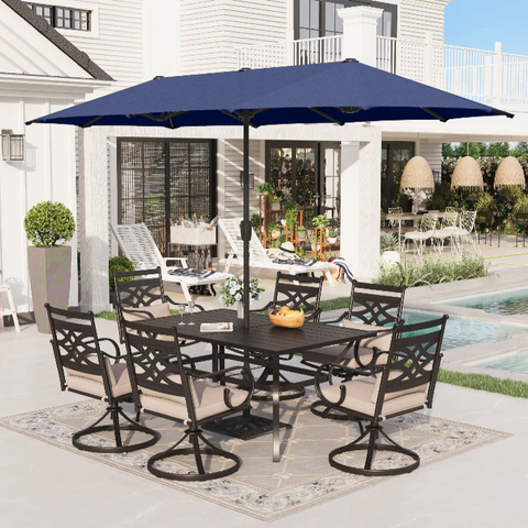 8-Piece 13ft Umbrella Patio Dining Set with Elegant Cast Iron Pattern Swivel Chairs