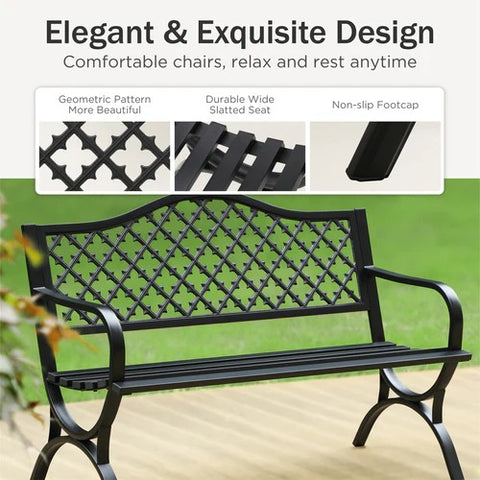 50" Heavy-Duty Metal Outdoor Garden Bench with Backrest & Armrests for Patio, Lawn, and Yard