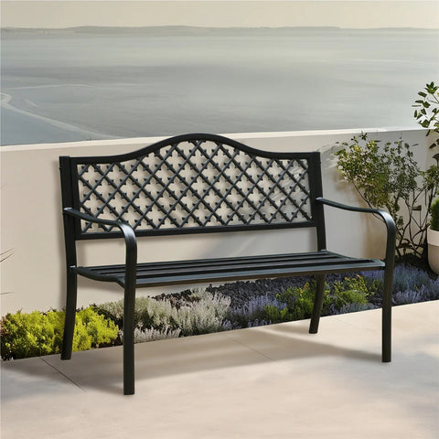 50" Heavy-Duty Metal Outdoor Garden Bench with Backrest & Armrests for Patio, Lawn, and Yard
