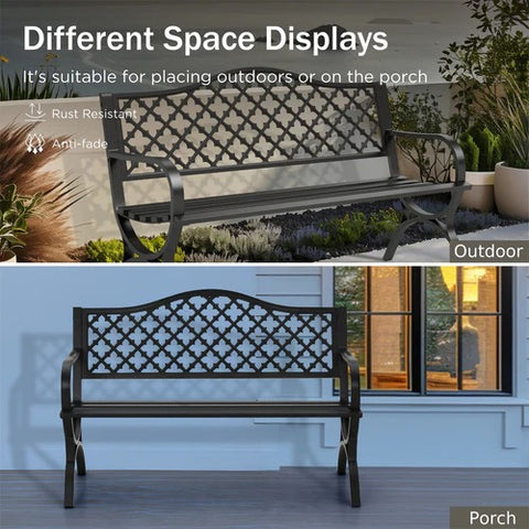 50" Heavy-Duty Metal Outdoor Garden Bench with Backrest & Armrests for Patio, Lawn, and Yard