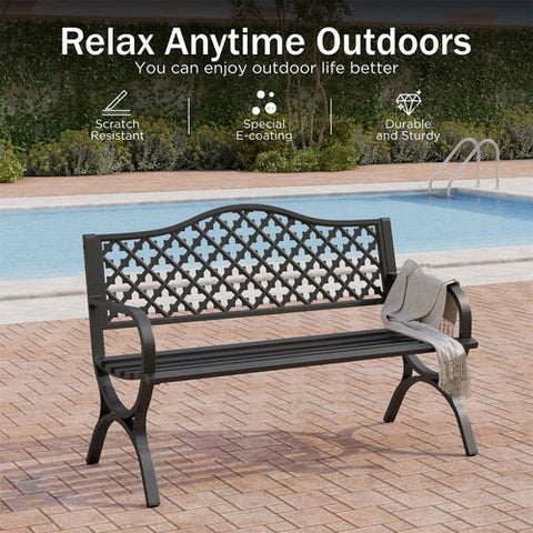 50" Heavy-Duty Metal Outdoor Garden Bench with Backrest & Armrests for Patio, Lawn, and Yard